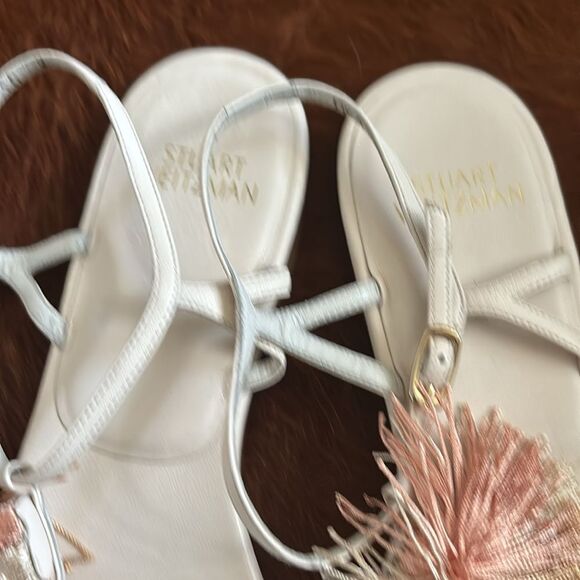 Stuart Weitzman Jabow Flat Tassel Pom Pom Sandals Nude Leather Womens Size 10 M - Picture 3 of 7